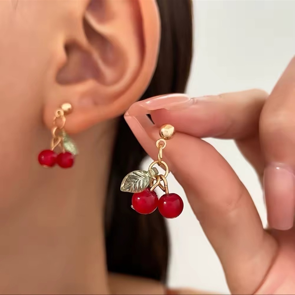 Petite Cherry Red Drop Earrings - Picture 8 of 9
